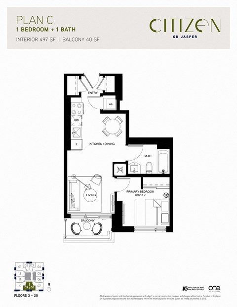 1 bed 1 bath C Floor Plan at Citizen on Jasper, Edmonton, AB, T5K 0M5